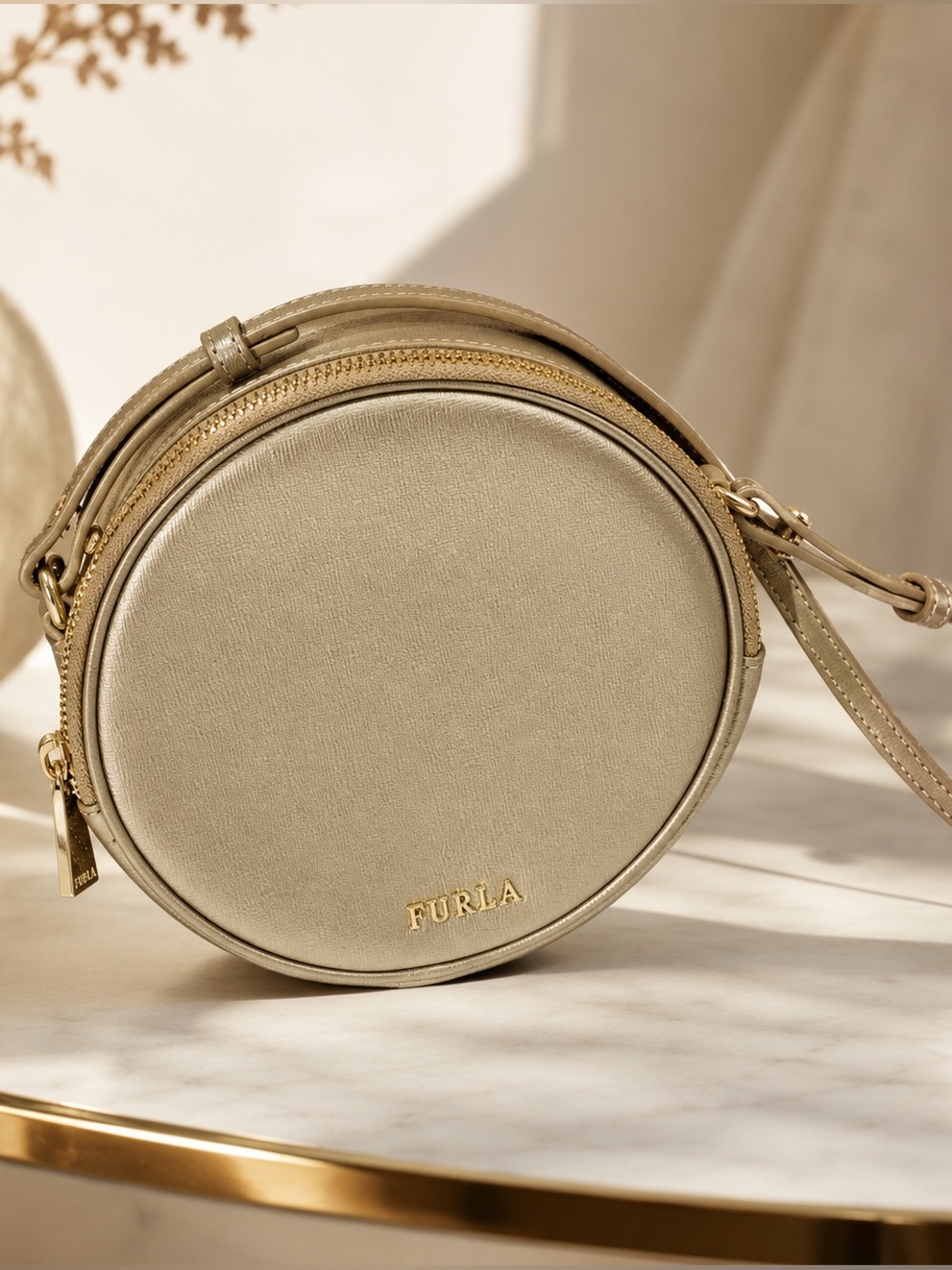 Furla Metallic Gold Round Crossbody Bag Mini Circle Leather Purse Saffiano Italy
